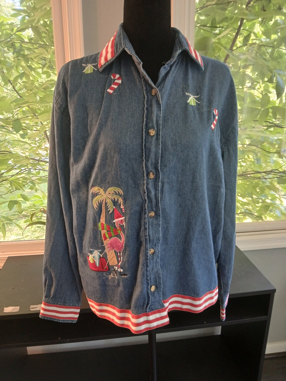 Women's Christmas Embroidered Denim Button Up Shirt Tropical Flamingo Size M